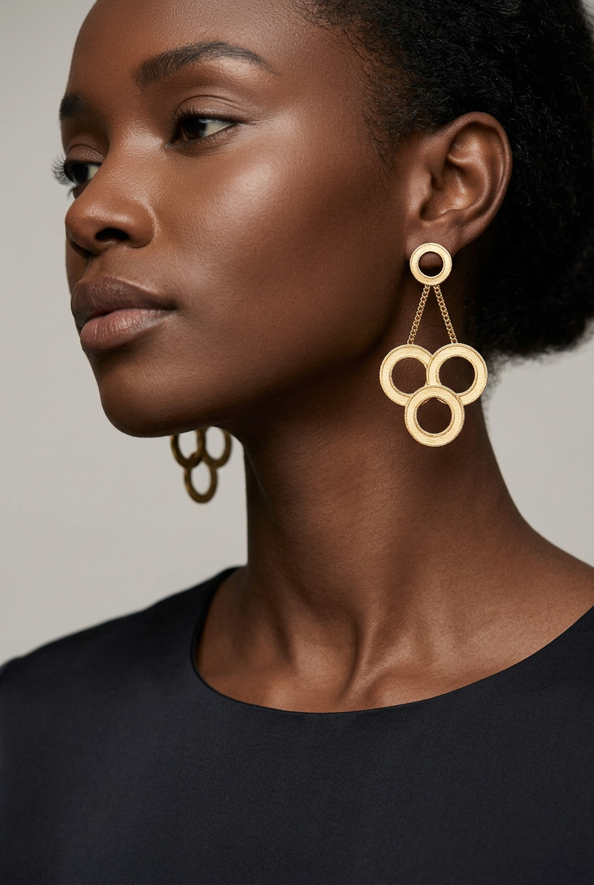 Boucles d'oreilles trois anneaux entrelacés dorés portées par une femme – vue de profil en gros plan