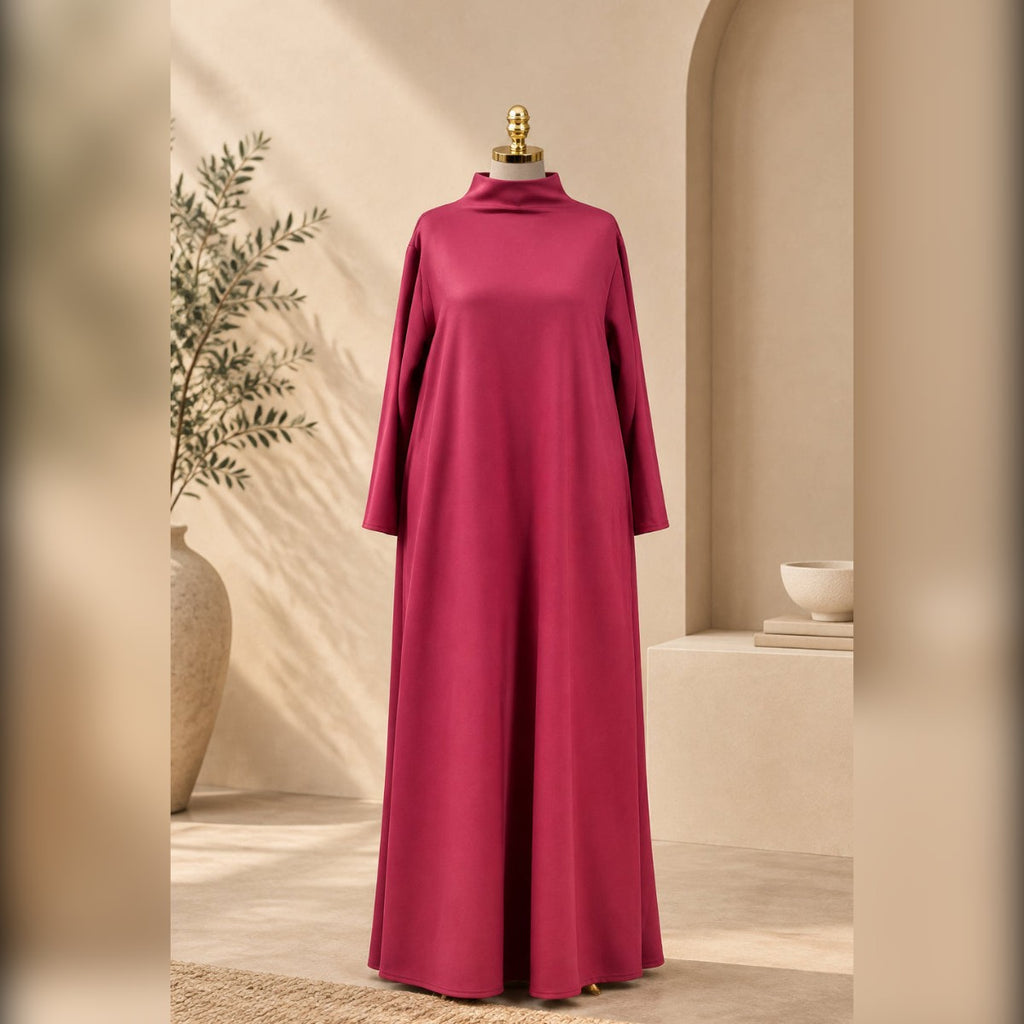 Robe d'hiver Salma bordeaux – col montant et coupe oversize, vue de face - Shop by Lyah