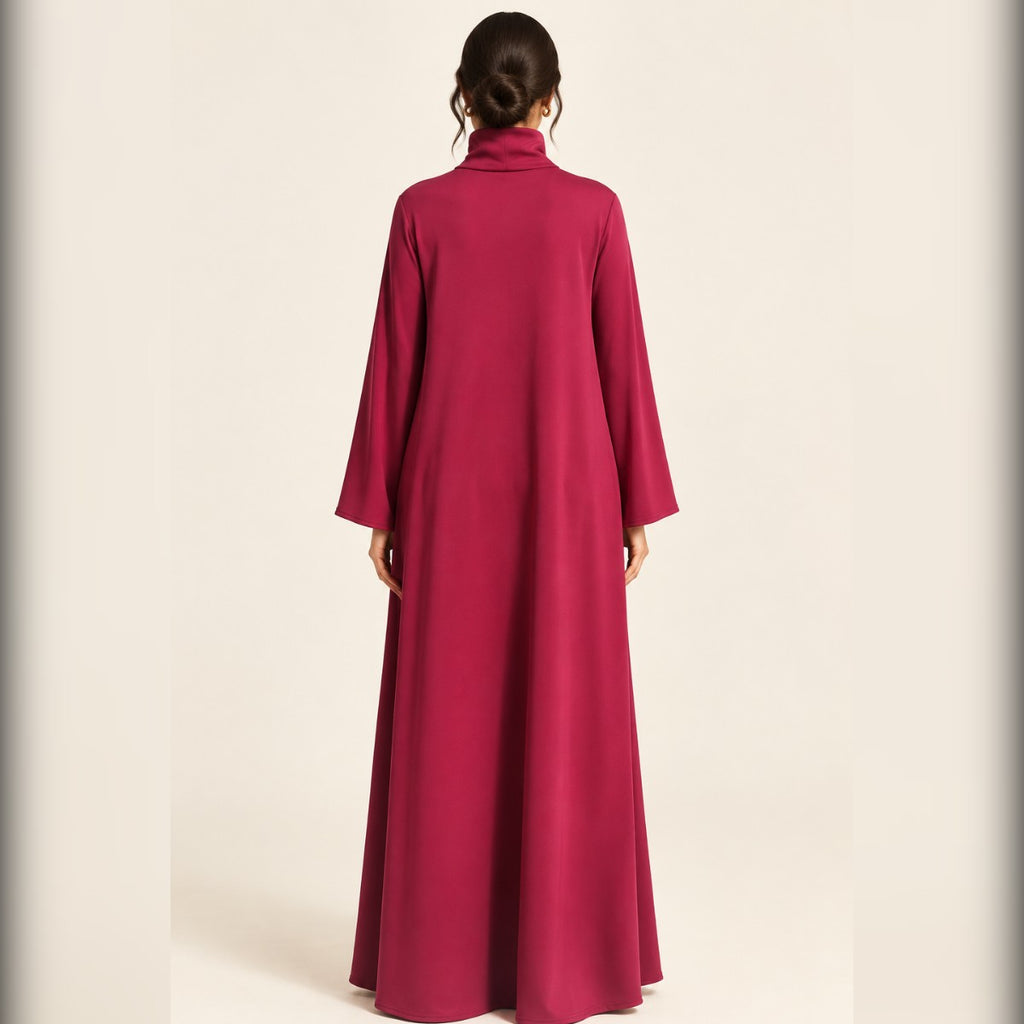 Robe Salma bordeaux portée – vue de dos, col montant - Shop by Lyah